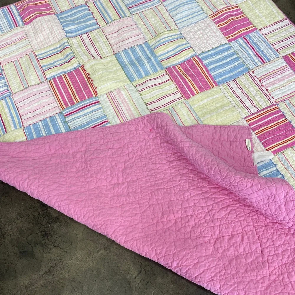 Pottery Barn Kids Quilt Twin Multi Color Striped Patchwork Cotton Cottagecore